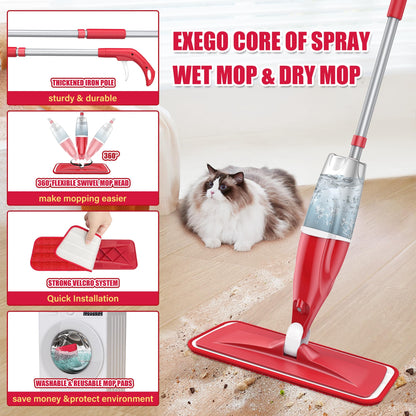 Spray Wet Mop for Hardwood Floor Cleaning, EXEGO Microfiber Dry Dust Spray Mop with Washable Pads fit for Swiffer Power Mop, Wet Mop with Jet Sprayer for Wood Laminate Ceramic Tiles Home Commercial