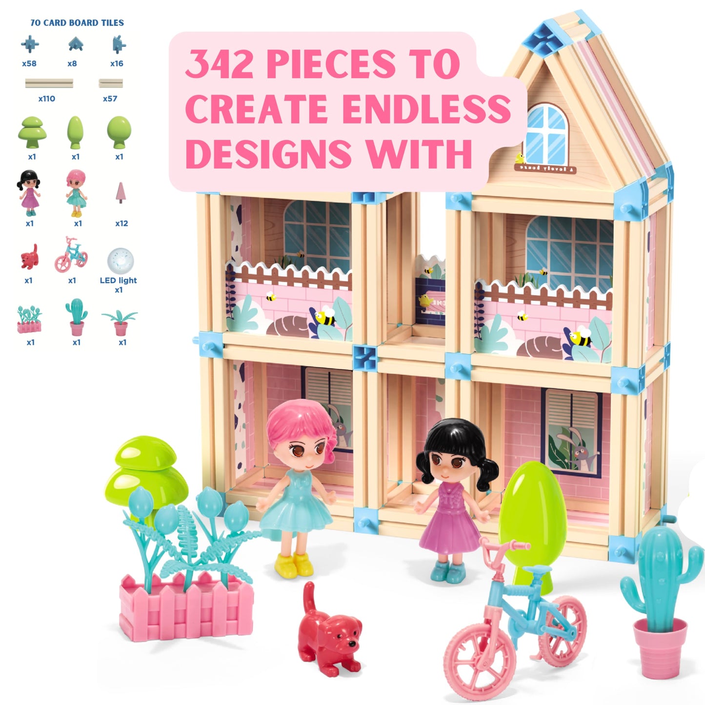 342-Piece 3D Princess Castle Villa Doll House Building Toy Set - STEM Montessori DIY Building Blocks Toys - Dollhouse for Girls Age 5 6 7 8 Year Old, LED Lights, ABS Plastic, Creative Kids Gift