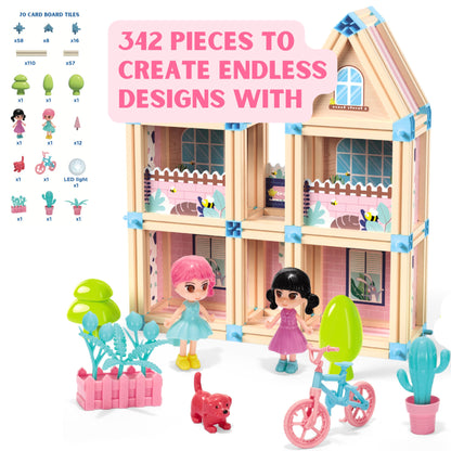342-Piece 3D Princess Castle Villa Doll House Building Toy Set - STEM Montessori DIY Building Blocks Toys - Dollhouse for Girls Age 5 6 7 8 Year Old, LED Lights, ABS Plastic, Creative Kids Gift