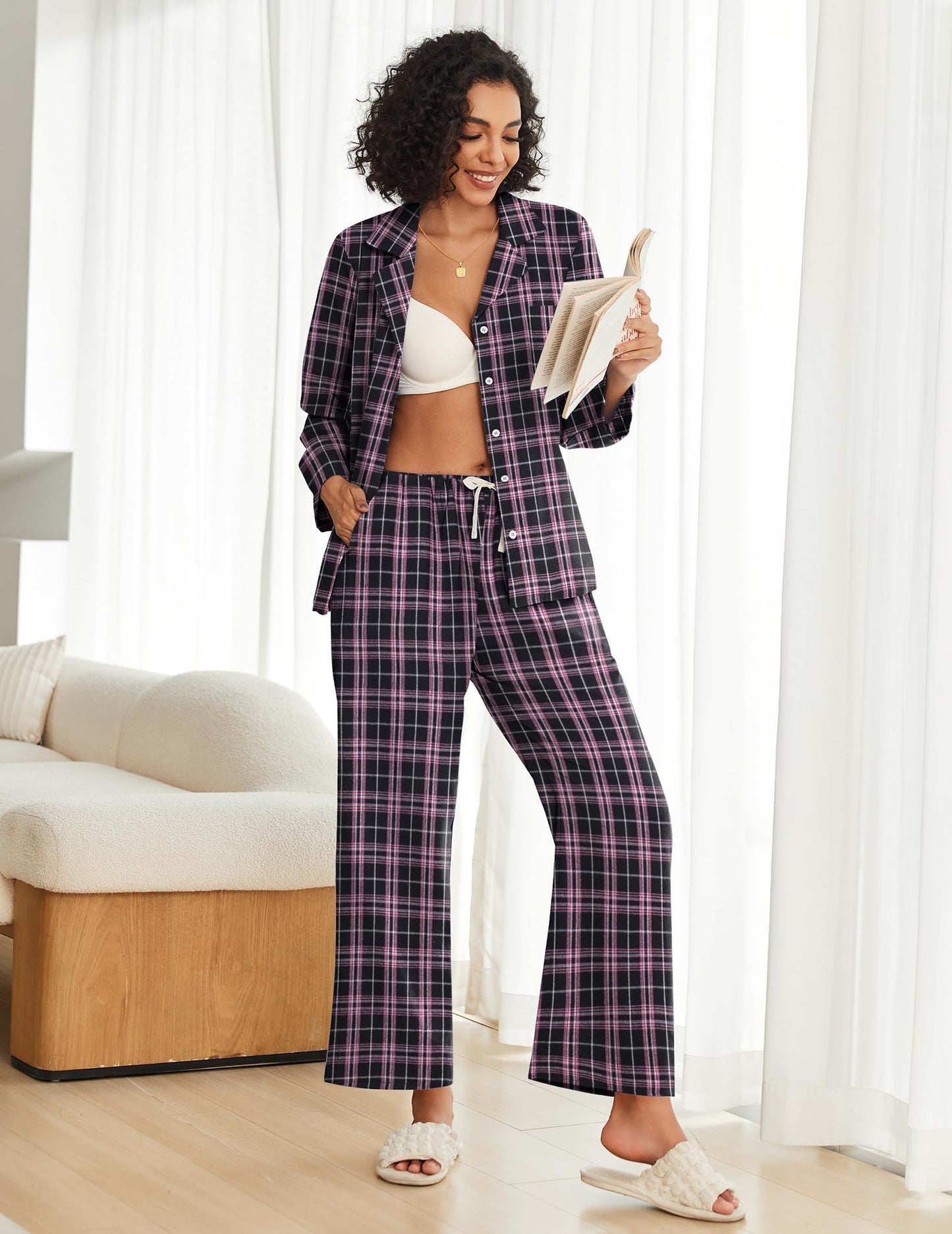 Ekouaer Pajamas Set for Womens 2 Piece Cotton Plaid Loungewear Long Sleeve Sleepwear Soft Button Down Shirts Pjs with Pockets