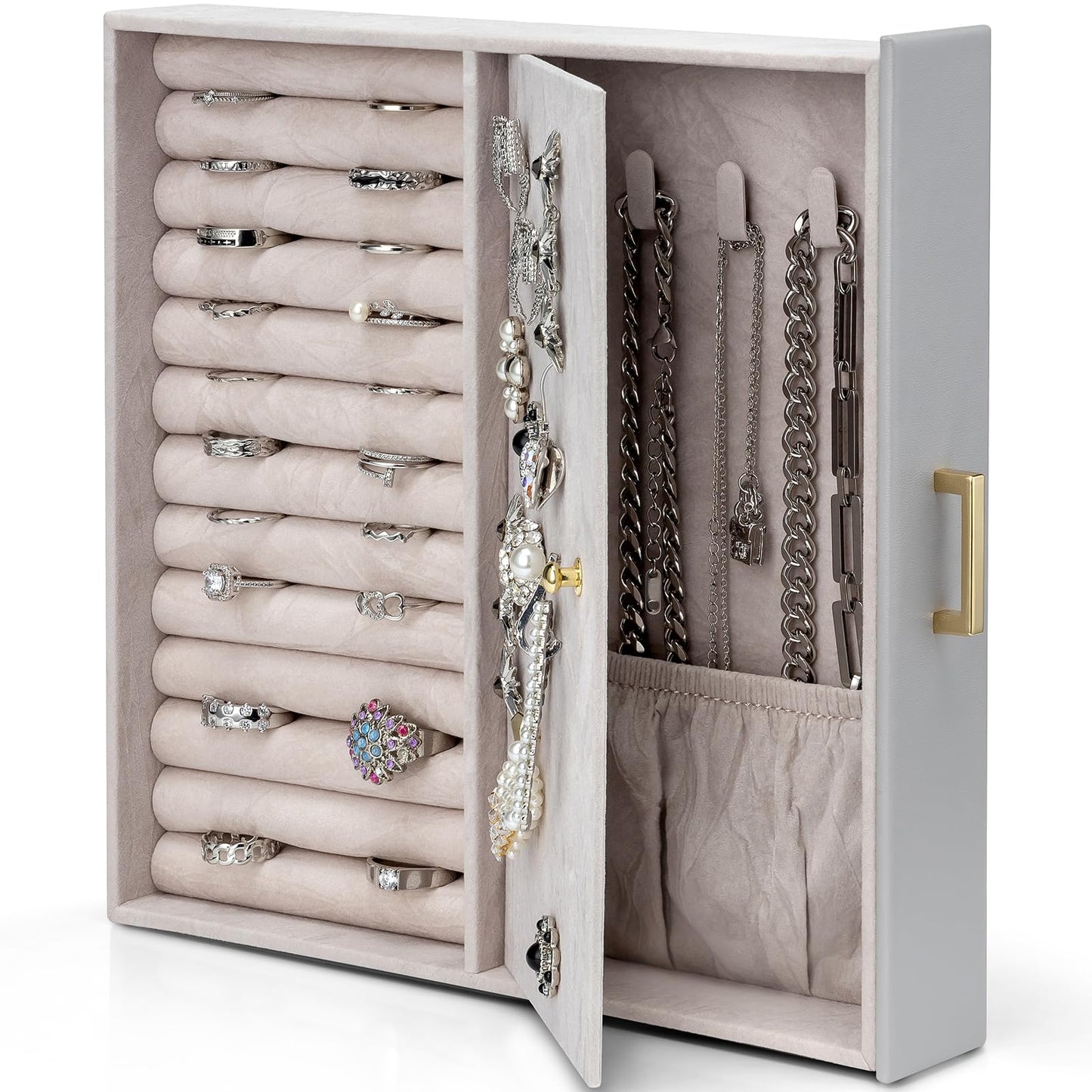 Vlando Large Jewelry Organizer with Glass Window Jewelry Box for Necklaces Earrings Rings Bracelets Watches Jewelry Storage Case Mothers Day Gift for Mom Wife Women Girls (Grey)