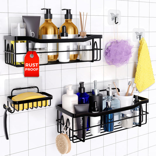 MAYRO Shower Shelves 5 Pack - Rustproof Shower Caddy - Easy to Install - Self Adhesive Bathroom Shower Organizer - Durable Shower Shelf for Inside Shower - Large Capacity Black Shower Rack