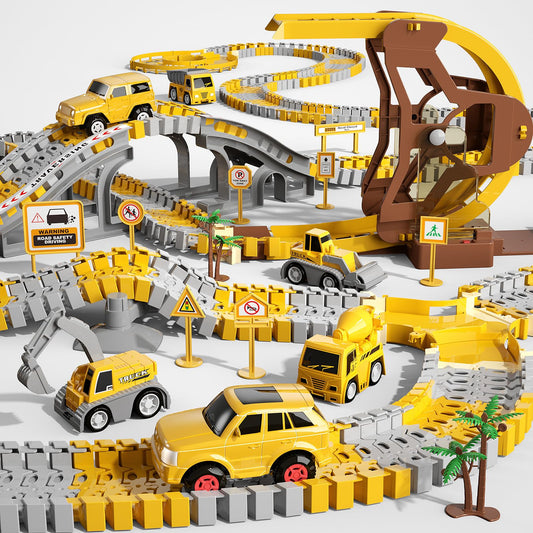 iHaHa 299 PCS Construction Race Tracks Boys Toys, 6 PCS Engineering Cars and Flexible Race Track Playset Create A Engineering Road Gifts Toys for 3 4 5 6 Year Old Boys Kids