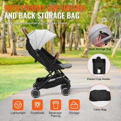 VEVOR Standard Baby Infant Stroller, Toddler Stroller with 95°-150° Adjustable Backrest & & 0/90°Adjustable Footrest & One-Click Folding, Newborn Stroller with Cup Holder and Carry Bag, Light Grey