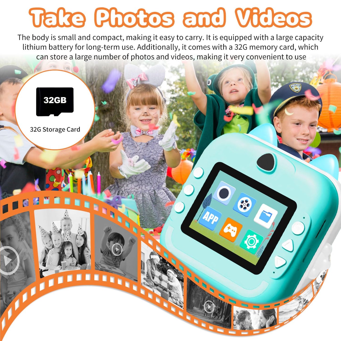 Instant Print Camera for Kids, Christmas Birthday Gifts for Girls Boys, Selfie Digital Camera with 1080P Videos, Portable Travel Camera Toy for 6+ Years Old Girl with Print Paper & 32G Card