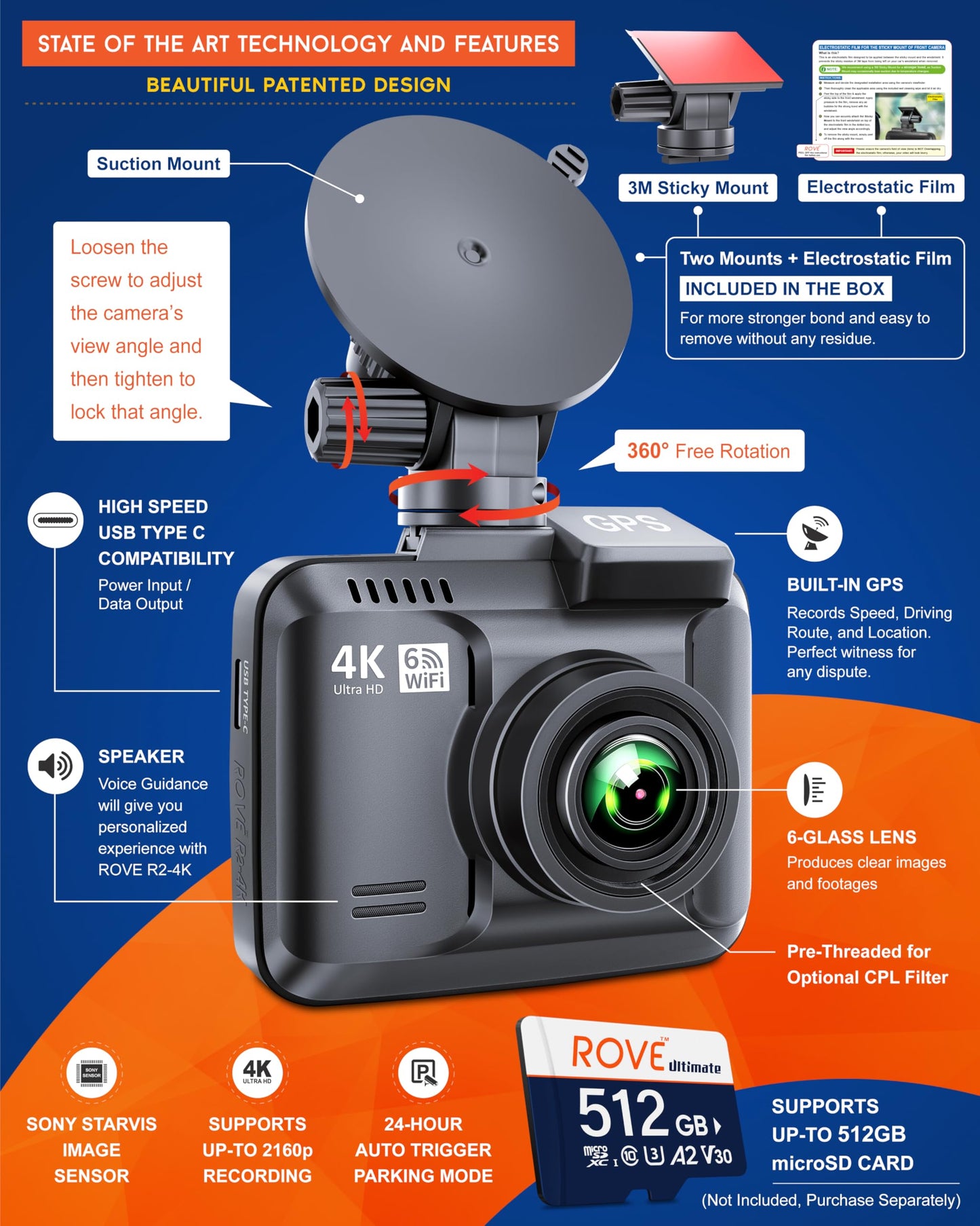 ROVE 4K Dash Cam with WiFi and GPS