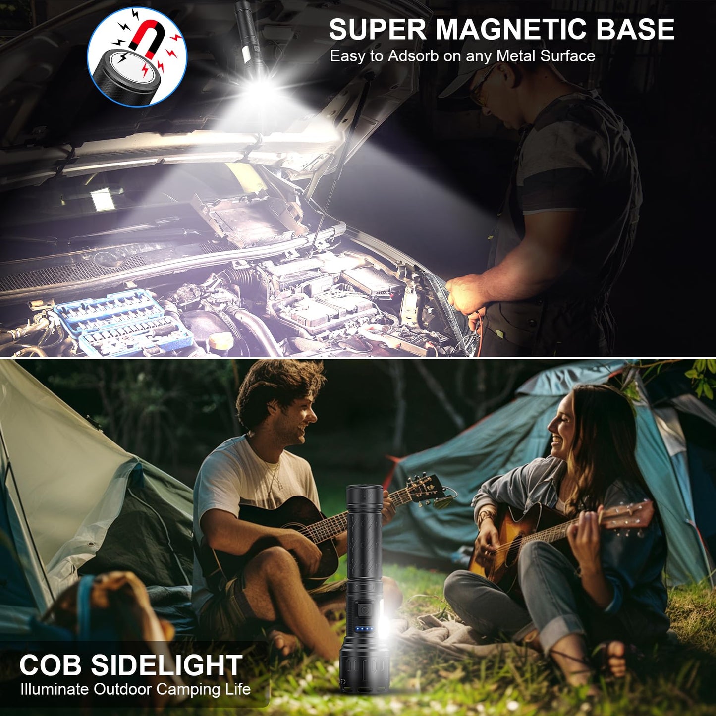 Flashlights 100,000 High Lumens Rechargeable - Super Bright LED Magnetic Flashlight with Sidelight 8 Modes Waterproof Powerful Handheld Flash Light for Emergency (2 Pack with Leather Box, Black)