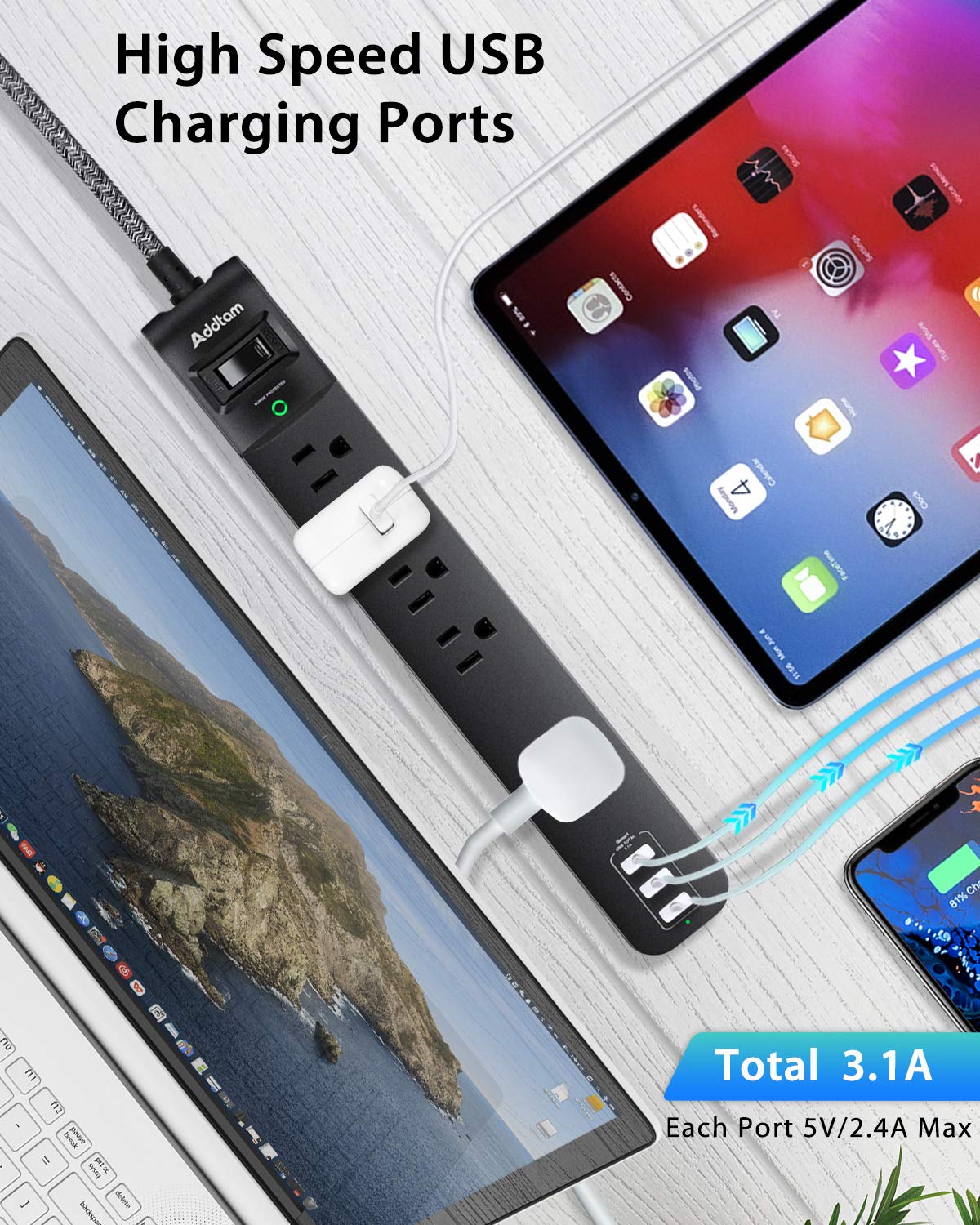 Extension Cord 15 ft - Long Power Strip Surge Protector, Flat Plug, Overload Surge Protection, 5 Outlets 3 USB Charging Ports, Multi Plug Outlet Extender for Indoor Home Office Dorm Room Essentials