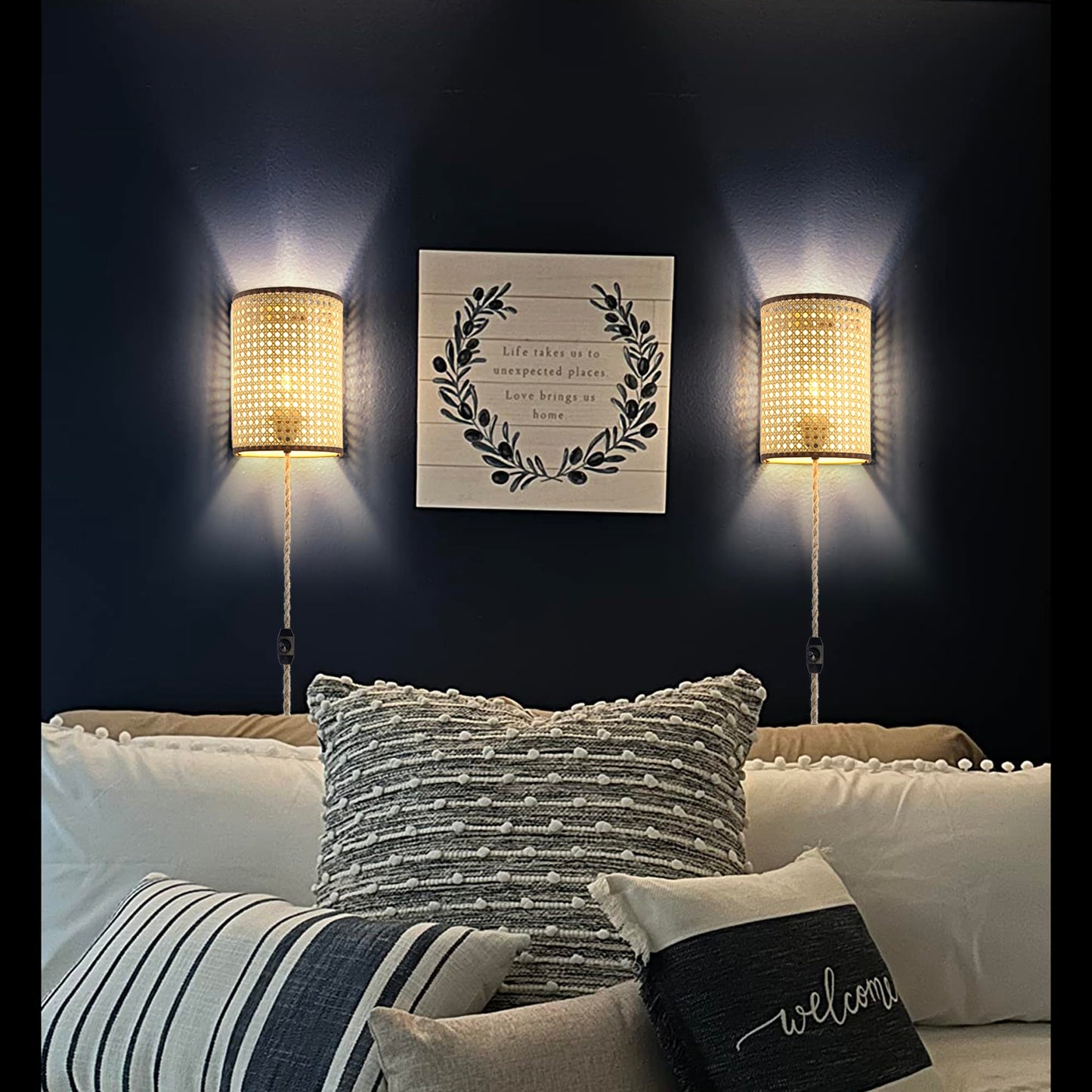 XININSUN Wall Sconces Set of Two, Plug in Wall Sconces,Rattan Lampshade,Wall Lamp with Plug in Cord and Dimmable Switch,Wall Lights Fixtures for Bedroom Living Room Hallway.