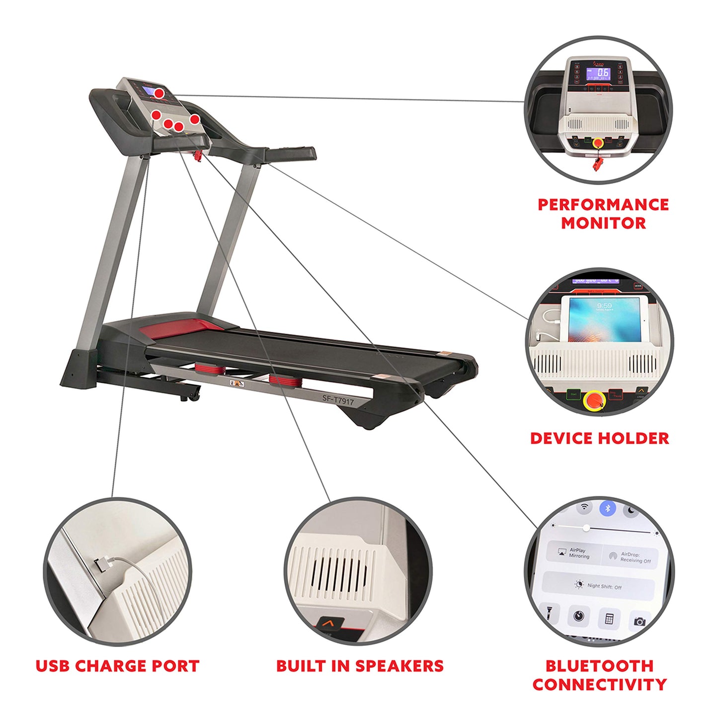 Sunny Health & Fitness Performance Treadmill with 15 Level Auto Incline, Shock Absorption, Digital Monitor, Quick Speed Buttons, Wide Running Belt, Foldable, Device Holder, USB/Bluetooth Connection