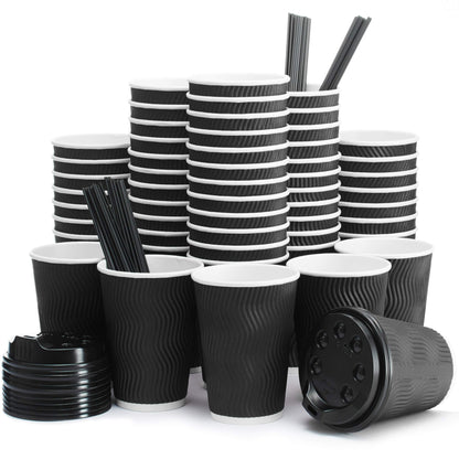 100 Insulated Disposable 12 oz Coffee Cups With Lids and Straws