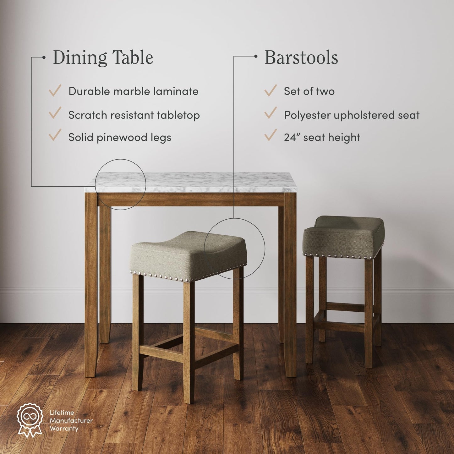 Nathan James Viktor 3 Piece Set, Heigh Kitchen Counter Pub Dining or Breakfast Table with Marble Top and Fabric Wood Base Seat, Beige/Light Brown
