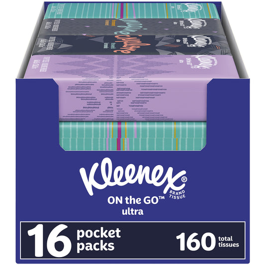Kimberly-Clark 54635 On The Go Packs Facial Tissues, 3-ply, White, 10/pouch, 16 Pouches/pack, 6 Packs/carton