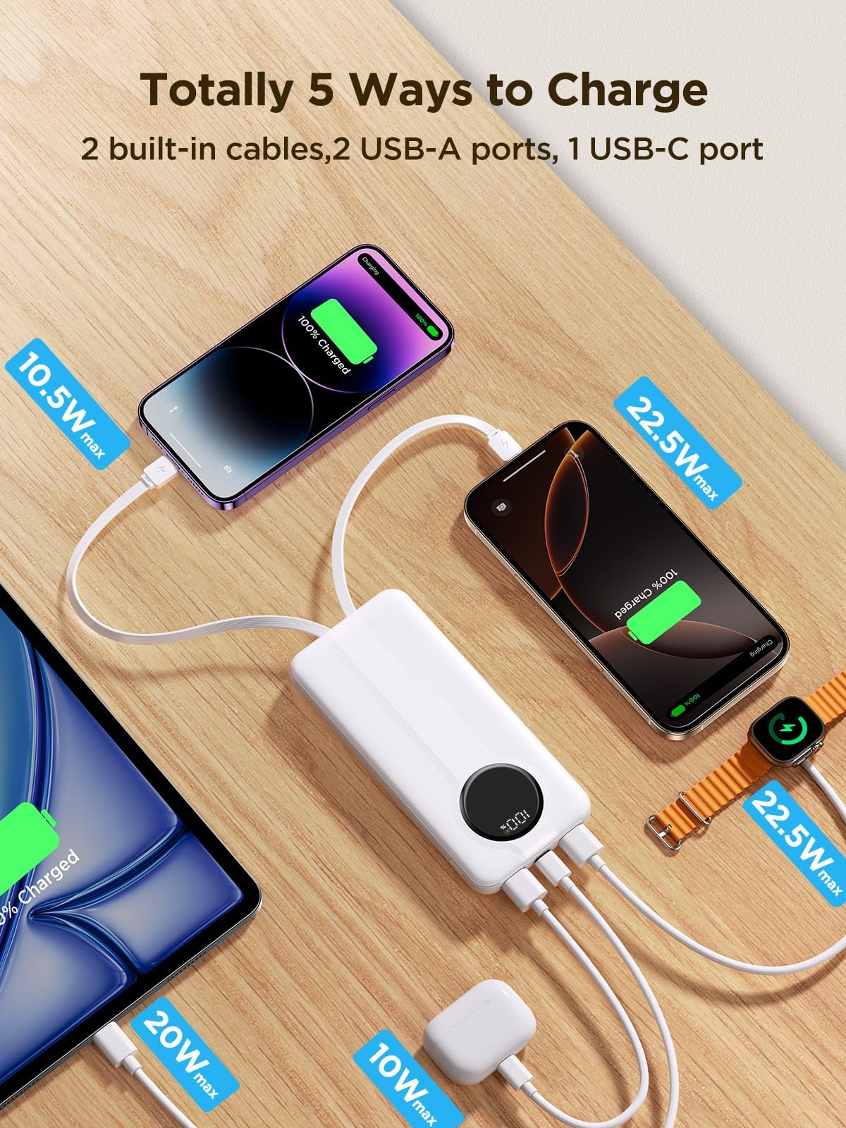 10000mAh Aioneus Portable Power Bank with Cables