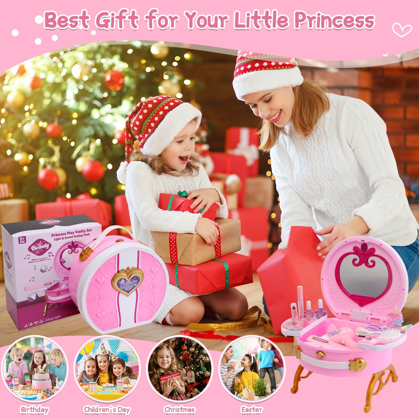 Toys for Girls,Kids Makeup Kit for Girl,Toddler Vanity Makeup Set with Lights,Sound,Kids Toys Princess Pretend Play Washable Make Up Toy,Christmas Birthday Gifts Toys for 3 4 5 6 7 8-10 Year Old Girl