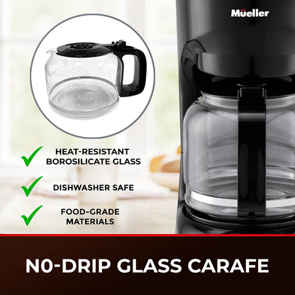 UPDATE: NOW $16.49! Mueller 12-Cup Drip Coffee Maker, Auto Keep Warm Function, Smart Anti-Drip System, with Durable Permanent Filter and Borosilicate Glass Carafe, Clear Water Level Window Coffee Machine