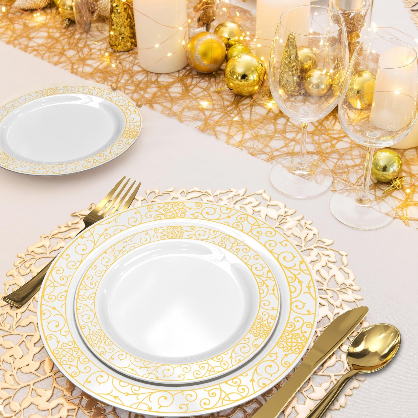 Plastic Plates, GreenElevate 150 Pieces Disposable Plates Plastic Dinnerware Set for 25 Guests: 25 Dinner Plates, 25 Dessert Plates, 25 Forks, 25 Spoons, 25 Knives, 25 Cups, Gold Party Plates