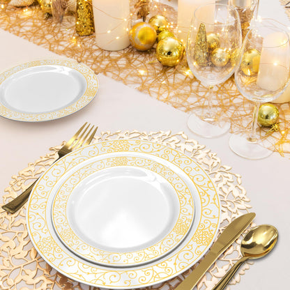 Plastic Plates, GreenElevate 150 Pieces Disposable Plates Plastic Dinnerware Set for 25 Guests: 25 Dinner Plates, 25 Dessert Plates, 25 Forks, 25 Spoons, 25 Knives, 25 Cups, Gold Party Plates