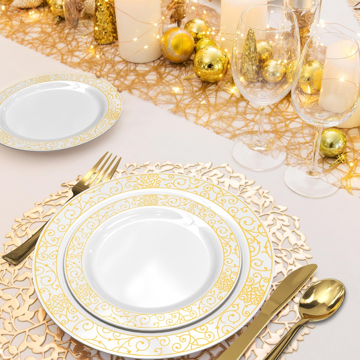 GreenElevate Plastic Plates, 150 Pieces Disposable Plates Plastic Dinnerware Set for 25 Guests: 25 Dinner Plates, 25 Dessert Plates, 25 Forks, 25 Spoons, 25 Knives, 25 Cups, Gold Party Plates