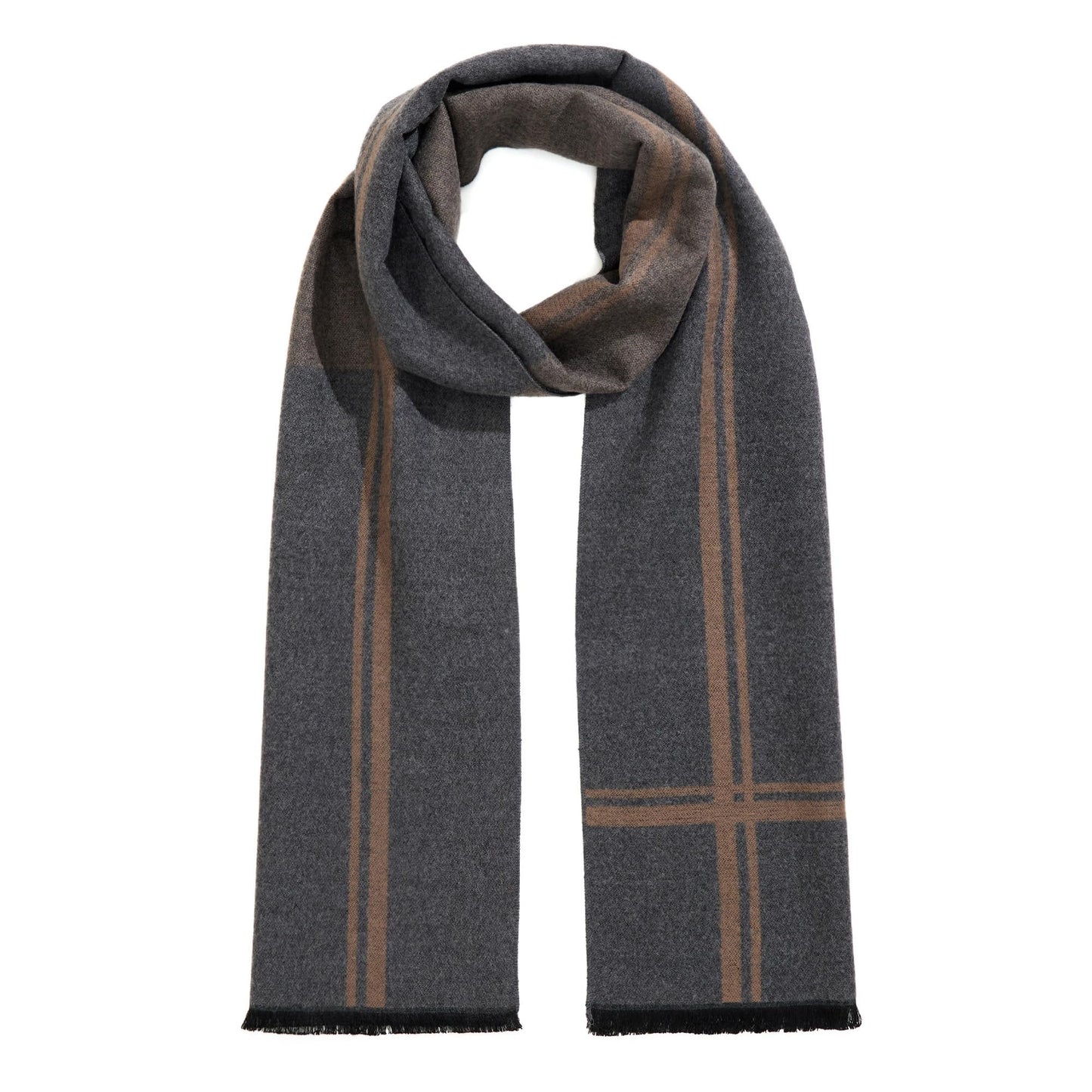 TAMOUKOC Men's Winter Warm Scarf, Premium Cashmere Feel, Luxuriously Soft Long, Plaid Pattern (Grey/Khaki)