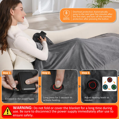 KSFJZF Heated Blanket, 59" x 35.5" Soft Cashmere Heated Blanket with Power Bank, 8 Zones Heating, 18400 mAh Battery (Included), 3 Heating Levels