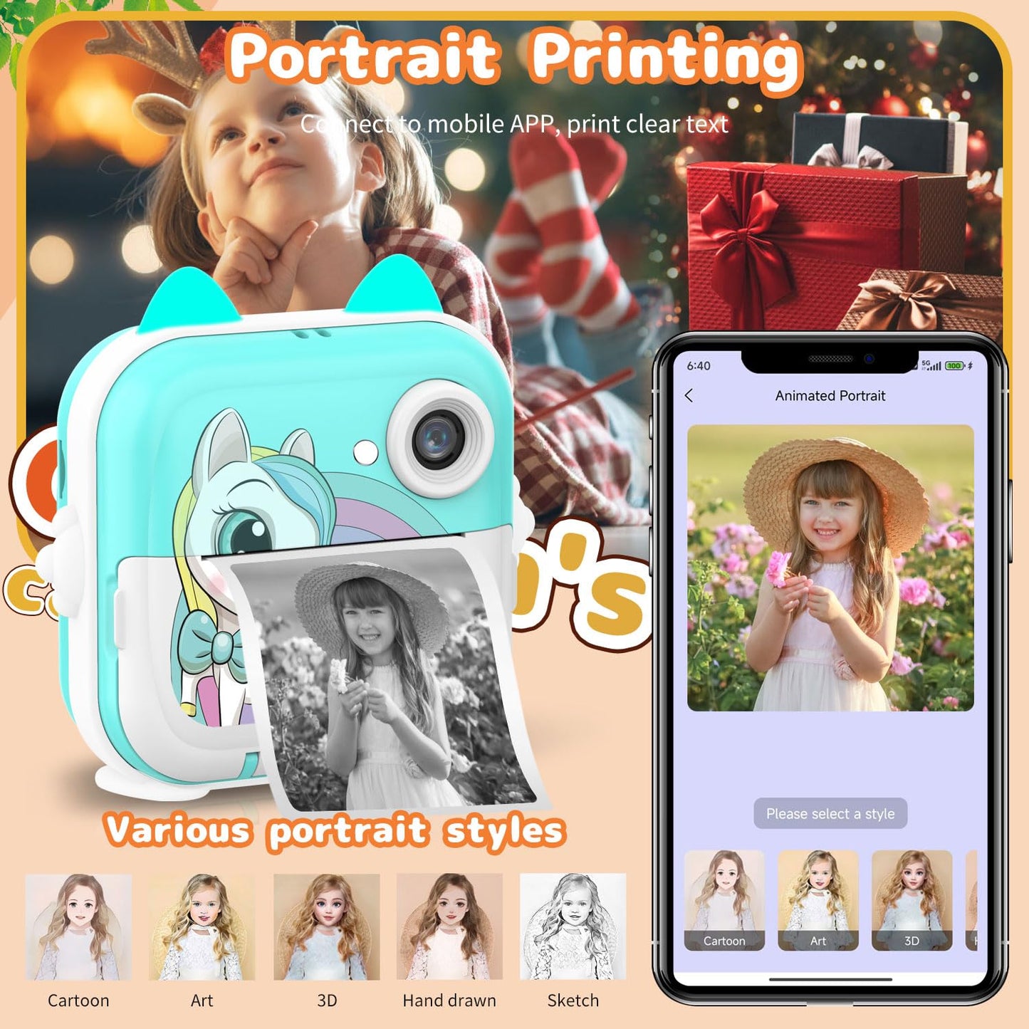 Instant Print Camera for Kids, Christmas Birthday Gifts for Girls Boys, Selfie Digital Camera with 1080P Videos, Portable Travel Camera Toy for 6+ Years Old Girl with Print Paper & 32G Card