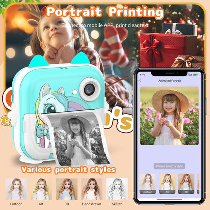Instant Print Camera for Kids, Christmas Birthday Gifts for Girls Boys, Selfie Digital Camera with 1080P Videos, Portable Travel Camera Toy for 6+ Years Old Girl with Print Paper & 32G Card