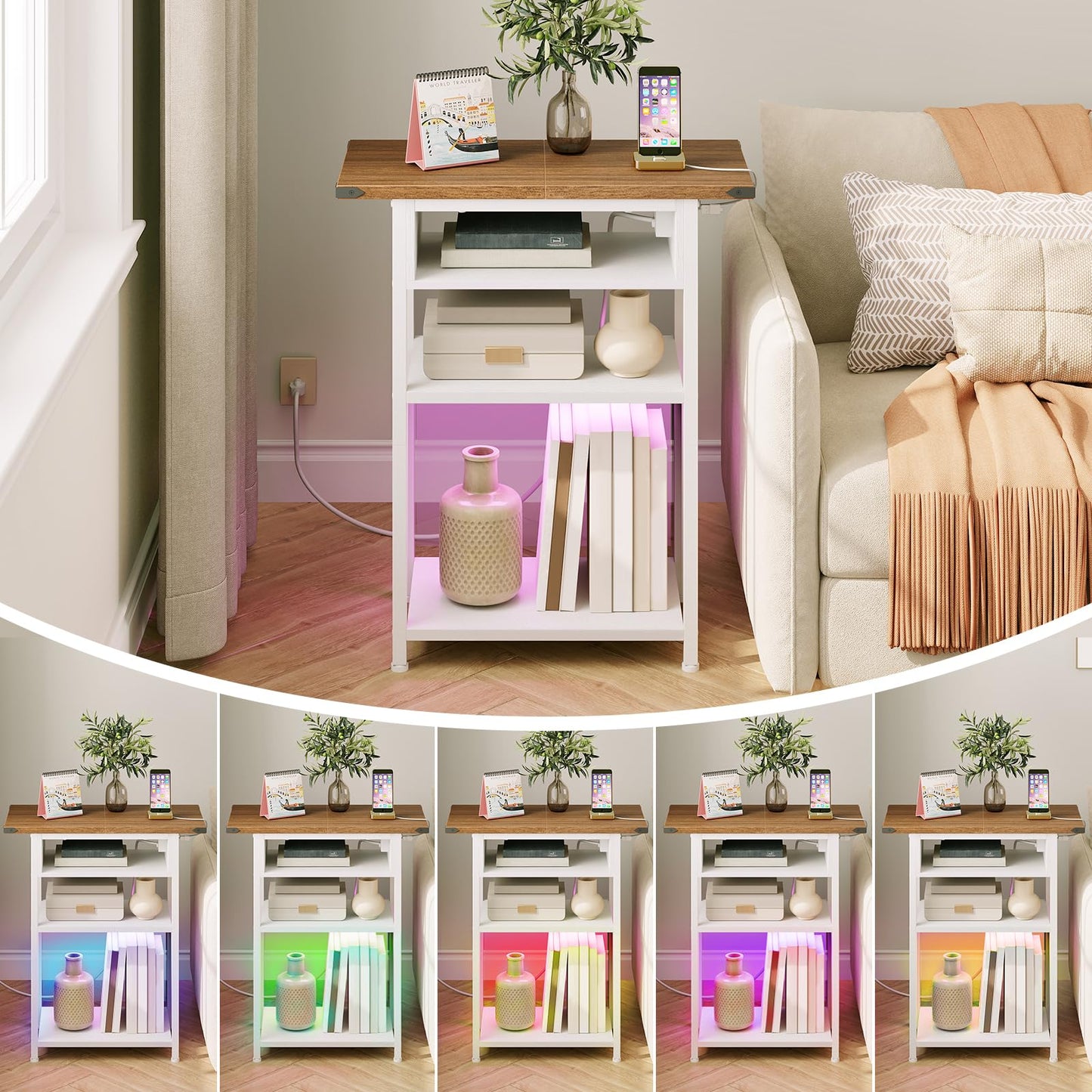 HOOBRO Slim Nightstand with Charging Station and LED