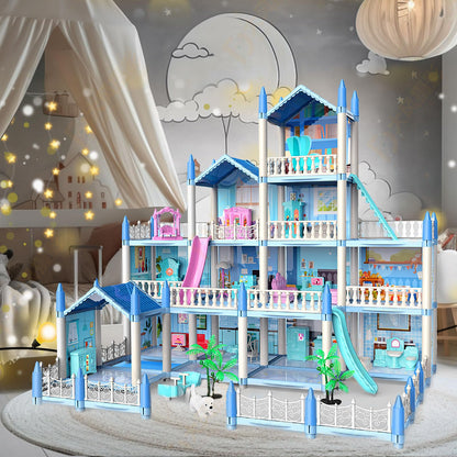 Doll House, Dream Doll House Girls Toys, 4 Story 14 Rooms Dollhouse with 4 Dolls, Dollhouse Furniture Accessories with Light, Toddler Playhouse Gift for 3 4 5 6 7 8 9 10 Year Old Girls Toys (blue04)