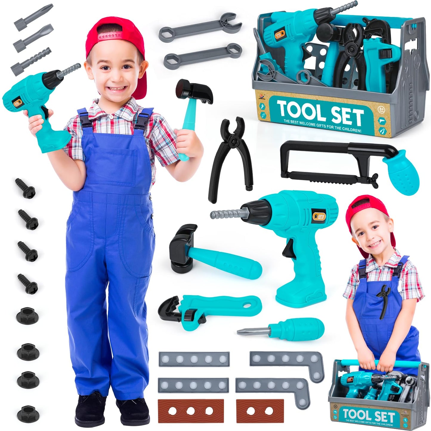 Kids Tool Set - Pretend Play Toy Tool with Tool Box, Toddlers Toy Drill Construction Tool Accessories Gift for Toddlers Boys Aged 3 4 5 6 7