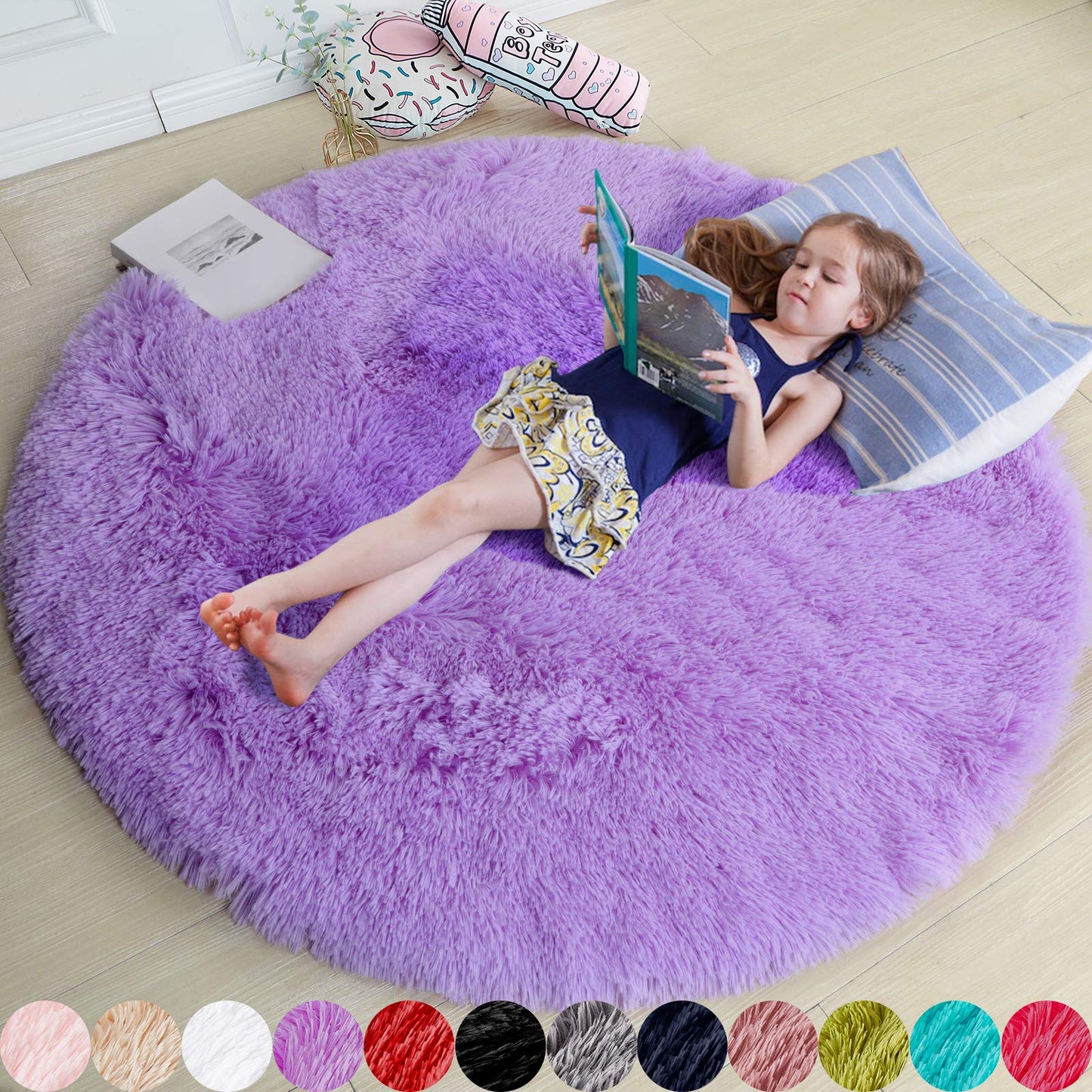 Purple Round Rug for Girls Bedroom,Fluffy Circle Rug 5'X5' for Kids Room,Furry Carpet for Teen's Room,Shaggy Circular Rug for Nursery,Fuzzy Plush Rug for Dorm,Purple Carpet,Cute Room Decor for Baby