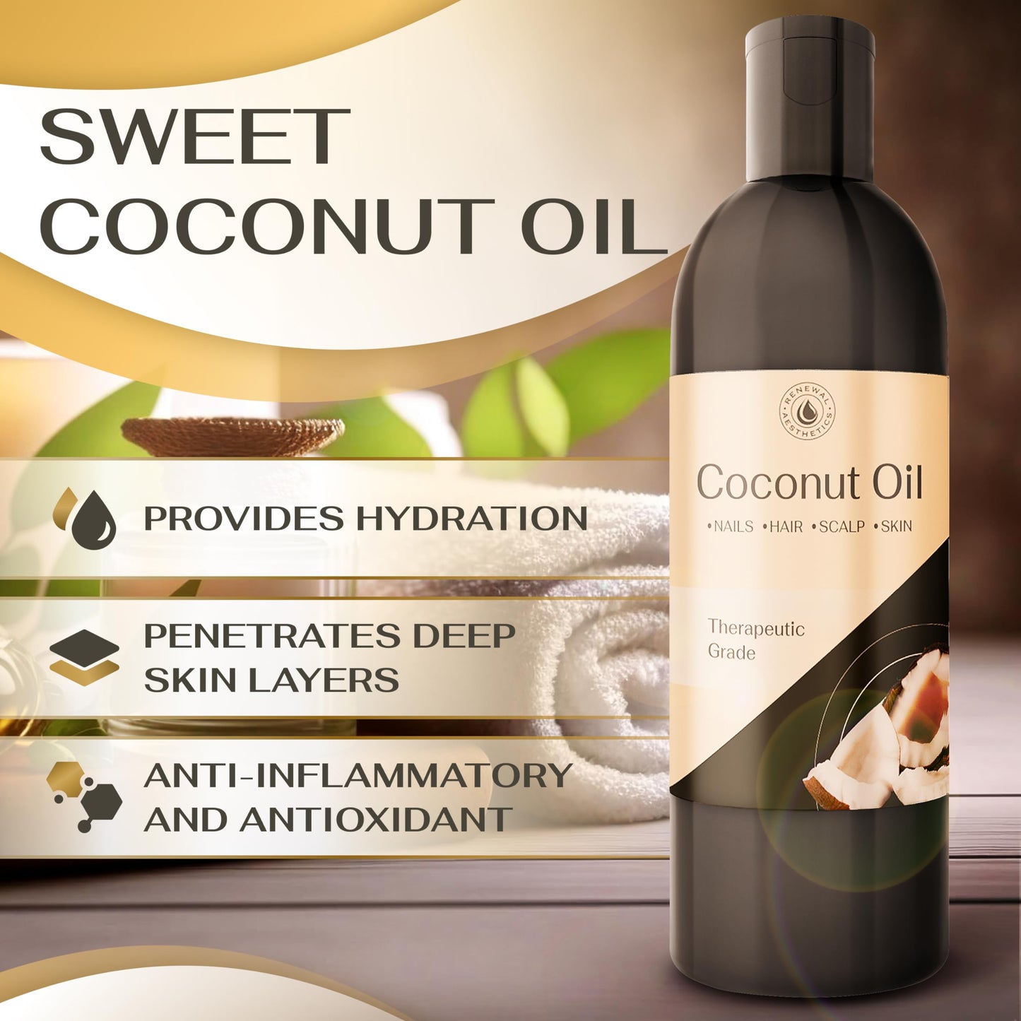 8 Oz Coconut Oil, Sweet Oil - Hair and Skin Softener, Carrier Oil for Essential Oils - Massage Oil, Cold Pressed Oil for Body,Body Oil After Shower, Fractionated Coconut Oil