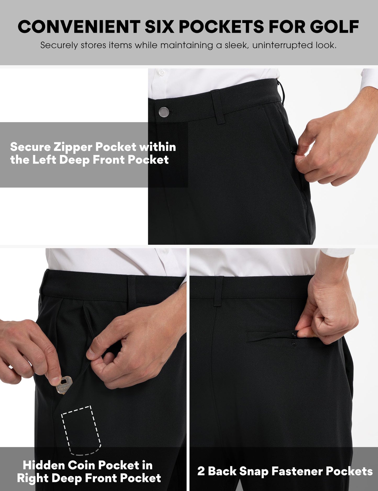 FitsT4 Sports Men's Golf Pants Slim Fit Stretch Flat Front Travel Hiking Pant with 5 Pockets Black 29W x 32L