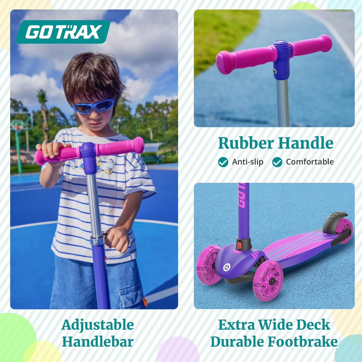 Gotrax KS3 Kids Kick Scooter, LED Lighted Wheels, Adjustable Height Handlebars and Removable Seat, Lean-to-Steer & Widen Anti-Slip Deck, 3 Wheel Scooter for kids Ages 2-8 and up to 100 Lbs (Purple)