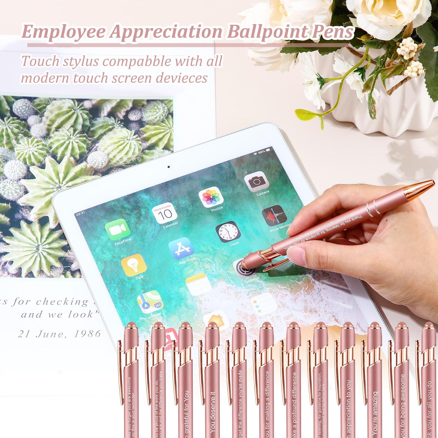Outus 72 Pcs Employee Appreciation Gifts Pens with Stylus Tip Inspirational Pen Bulk Motivational Ballpoint Pen Black Ink Thank You Pens for Employee Coworker Team, 12 Styles (Rose Gold)