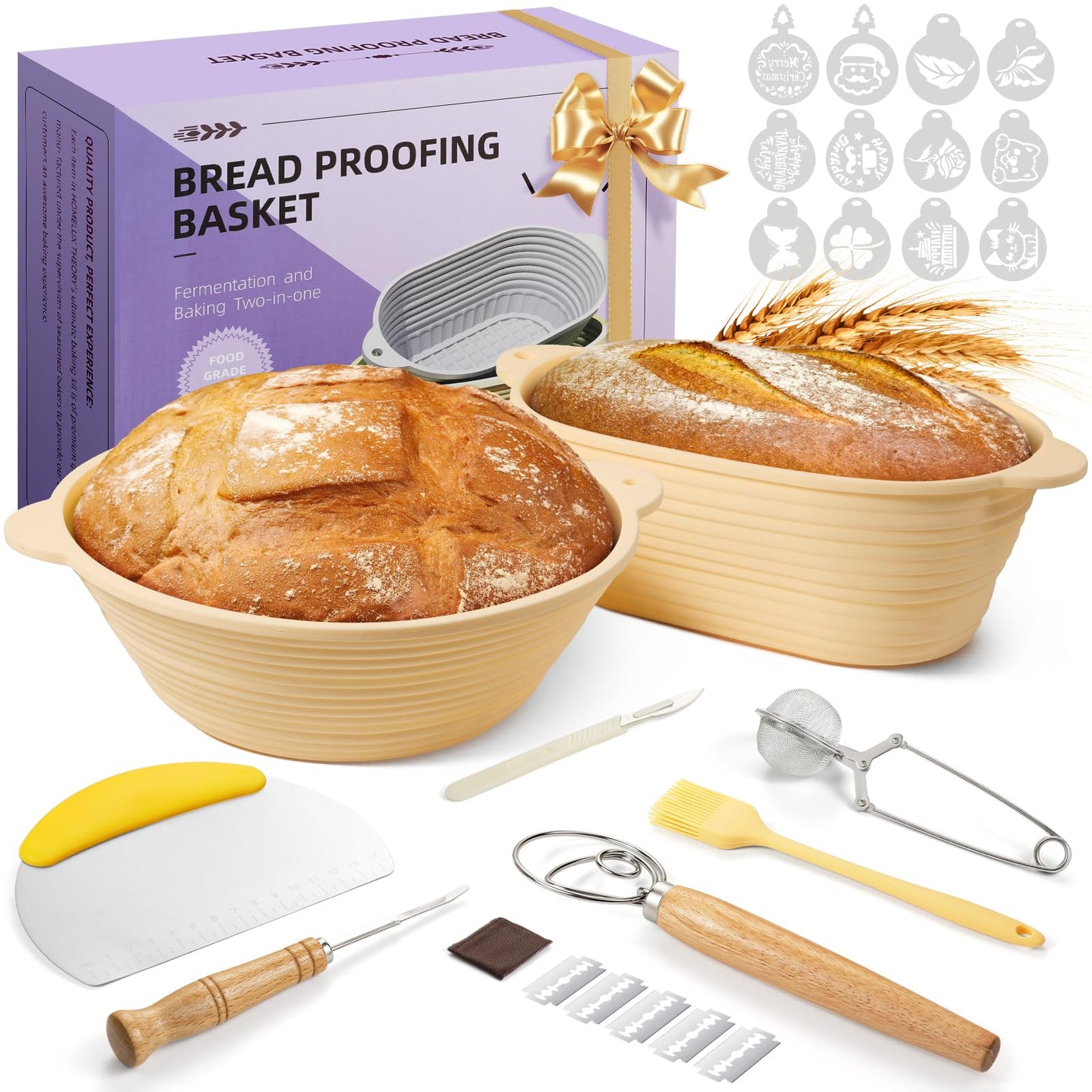 Gardon Sourdough Starter Kit Bread Baking Supplies, 2 Silicone Bread Proofing Baskets with Scrapper and 19 Other Bread Making Tool, Gift for Mother, Wife, and Any Baker - Brown (10" Oval + 9" Round)