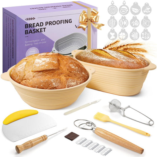 Gardon Sourdough Starter Kit Bread Baking Supplies, 2 Silicone Bread Proofing Baskets with Scrapper and 19 Other Bread Making Tool, Gift for Mother, Wife, and Any Baker - Brown (10" Oval + 9" Round)