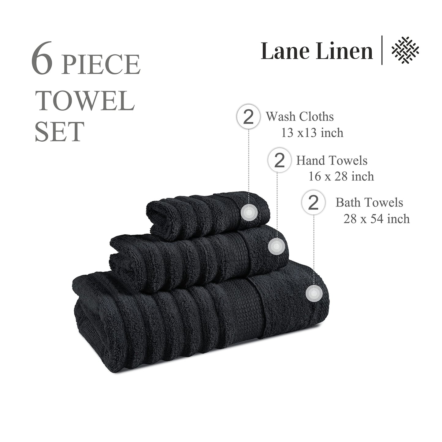 LANE LINEN Luxury Ribbed Bath Towels - 100% Cotton Towels for Bathroom, Zero Twist, Soft Textured, Extra Absorbent, Quick Dry, 2 Bath Towels, 2 Hand Towels, 2 Wash Cloths - Black (6 Piece Set)