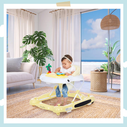 Dream on Me 2-in-1 Aloha Fun Baby Walker in Yellow, Easily Convertible Baby Walker, Adjustable Three Position Height Settings, Easy to Fold and Store