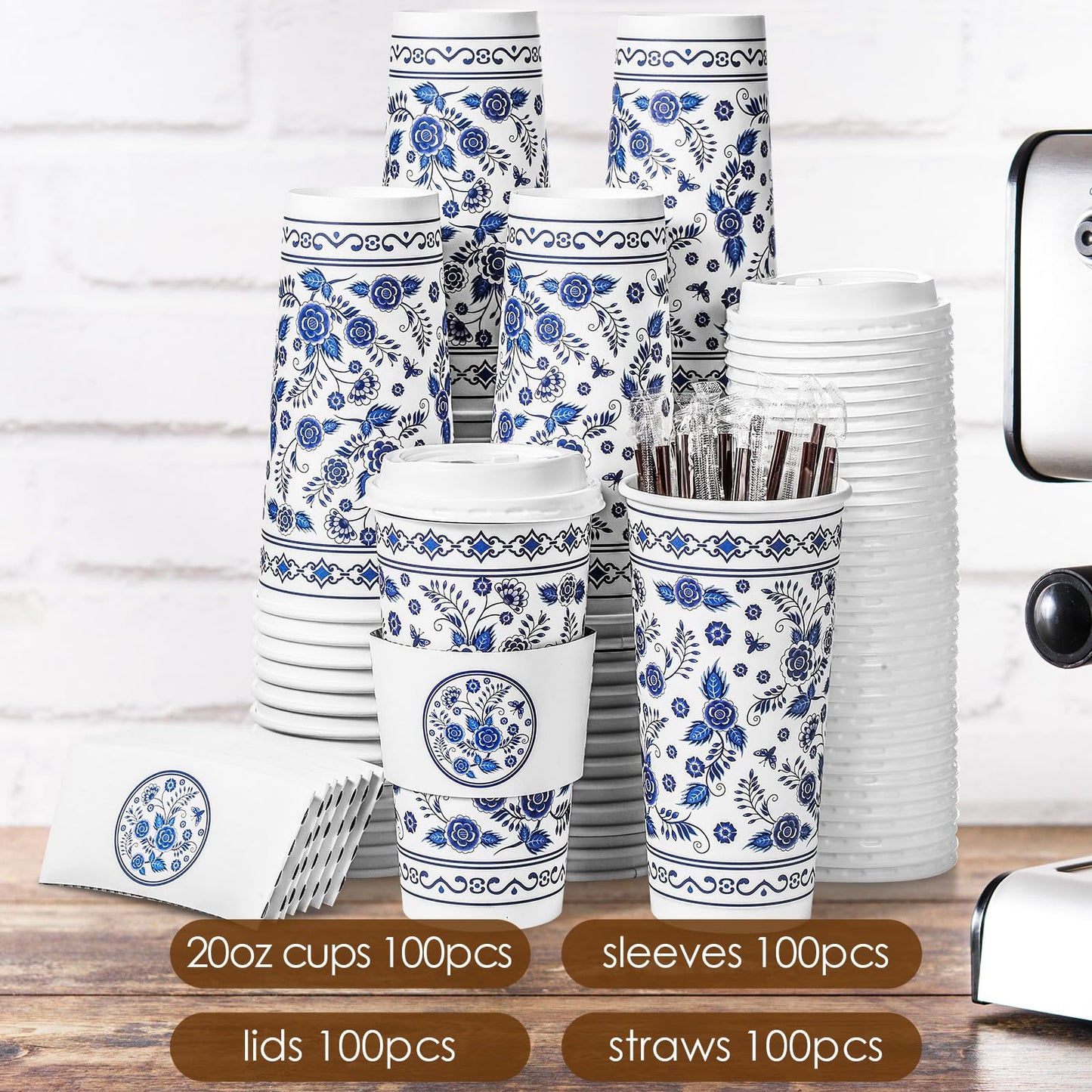 Sherr 100 Pack Paper Coffee Cups Disposable Coffee Cups with Lids Coffee Cups with Sleeves and Straws Blue and White Paper Coffee Cups Floral Pattern Paper Cups for Office, Home, Tea Party (20 oz)