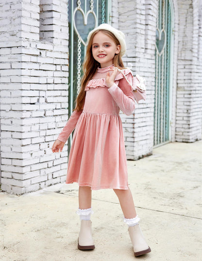 Arshiner Toddler Girls Velvet Dress Contrast Mesh Ruffle Trim Long Sleeve Zipper Birthday Dresses with Pockets Dusty Pink 3T