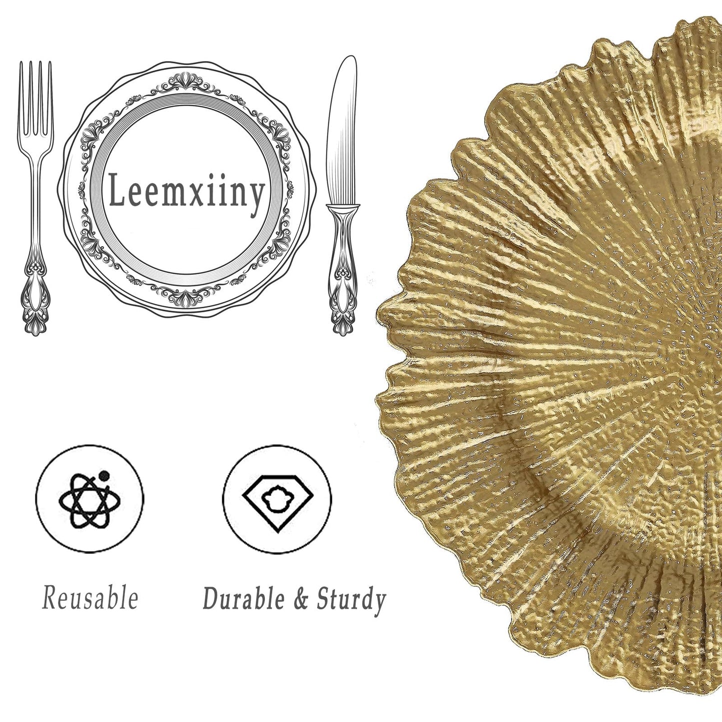 Leemxiiny Reef Gold Charger Plates, Set of 6 Decorative Chargers for Dinner Plates Bulk for Wedding, Party, Holiday, Thanksgiving, Christmas Table Setting