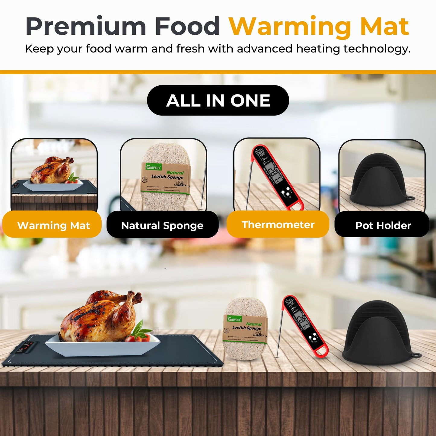 Premium Food Warming Mat with Thermometer Bundle
