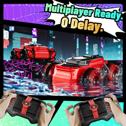 Spider Remote Control Car, Waterproof Mini 4WD Amphibious RC Car Fits Inside Remote, Dual Tires for Land & Water, 360°Spins, 50-Min Runtime W/ 2 Batteries, Boat Toy for Pool Lake Beach, Gift for Kids