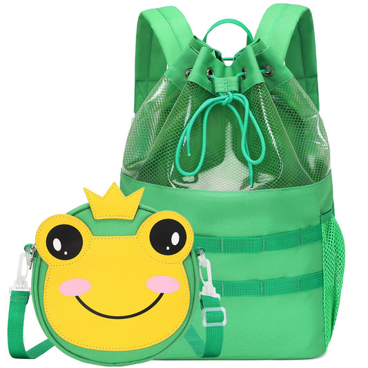 mygreen Multifunctional 2 in 1 Children Boy Girl Frog Print Drawstring Backpack Outdoor Casaul Portable Detachable Crossbody Shoulder Bag Swim Gymsack Sack Pack Green