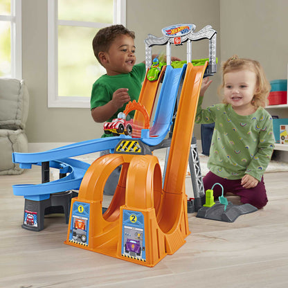 Fisher-Price Little People Toddler Toy Hot Wheels Racing Loops Tower Race Track with Stunt Ramp & Sounds for Pretend Play Ages 18+ Months