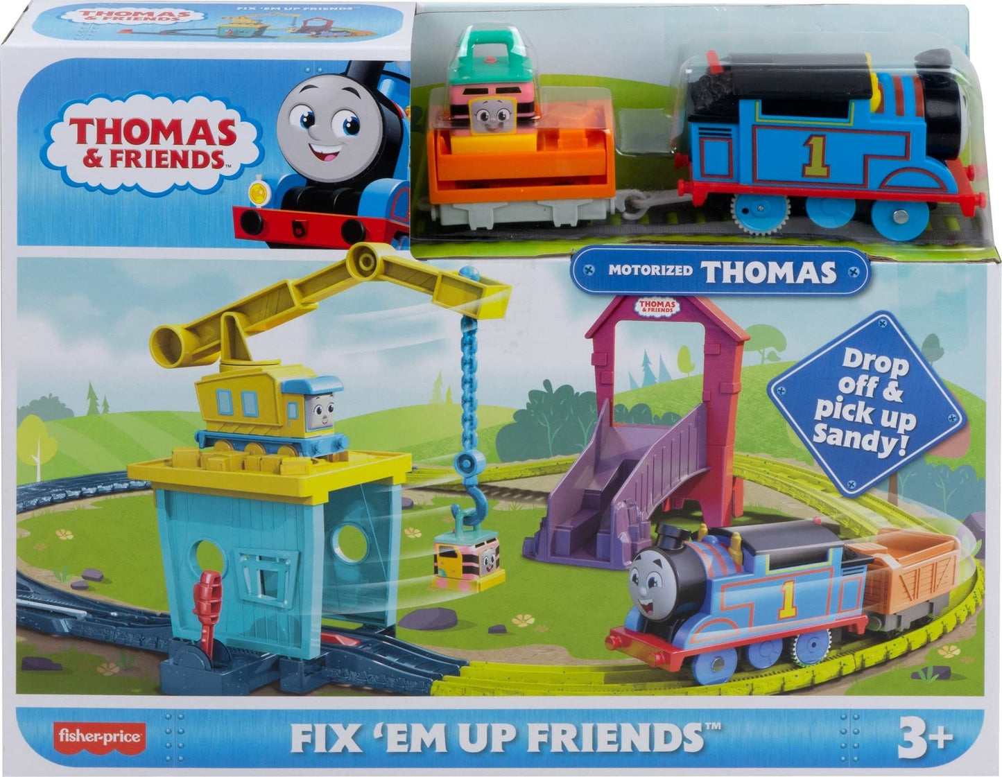 Thomas & Friends Motorized Toy Train Set Fix 'em Up Friends with Carly the Crane, Sandy the Rail Speeder & Thomas for Preschool Kids Ages 3+ Years 