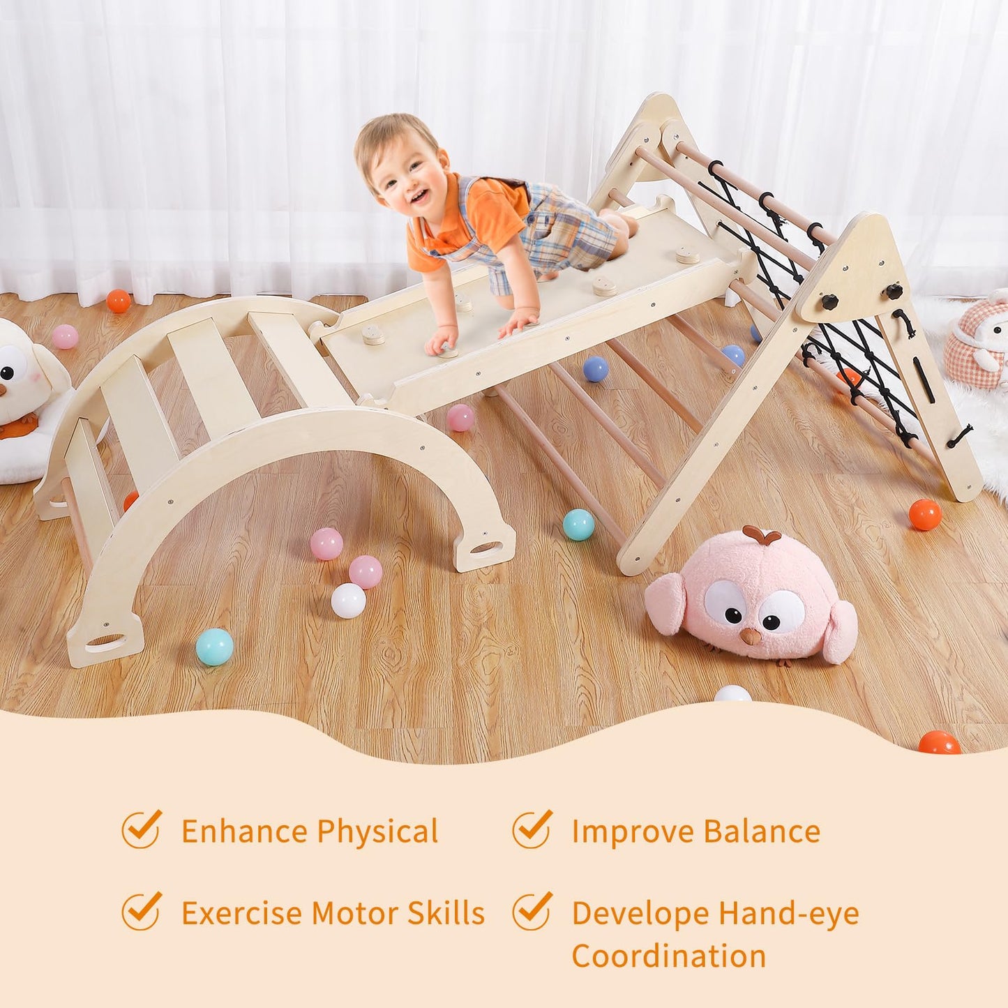 GarveeLife 3 in 1 Kids Climbing Toys, Toddler Indoor Gym Playset, Foldable Triangle Playground Toys Set with Sliding Ramp & Climbing Arch Ramp, Wooden Baby Climbing Gym - Natural