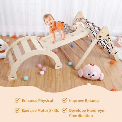 GarveeLife 3 in 1 Kids Climbing Toys, Toddler Indoor Gym Playset, Foldable Triangle Playground Toys Set with Sliding Ramp & Climbing Arch Ramp, Wooden Baby Climbing Gym - Natural