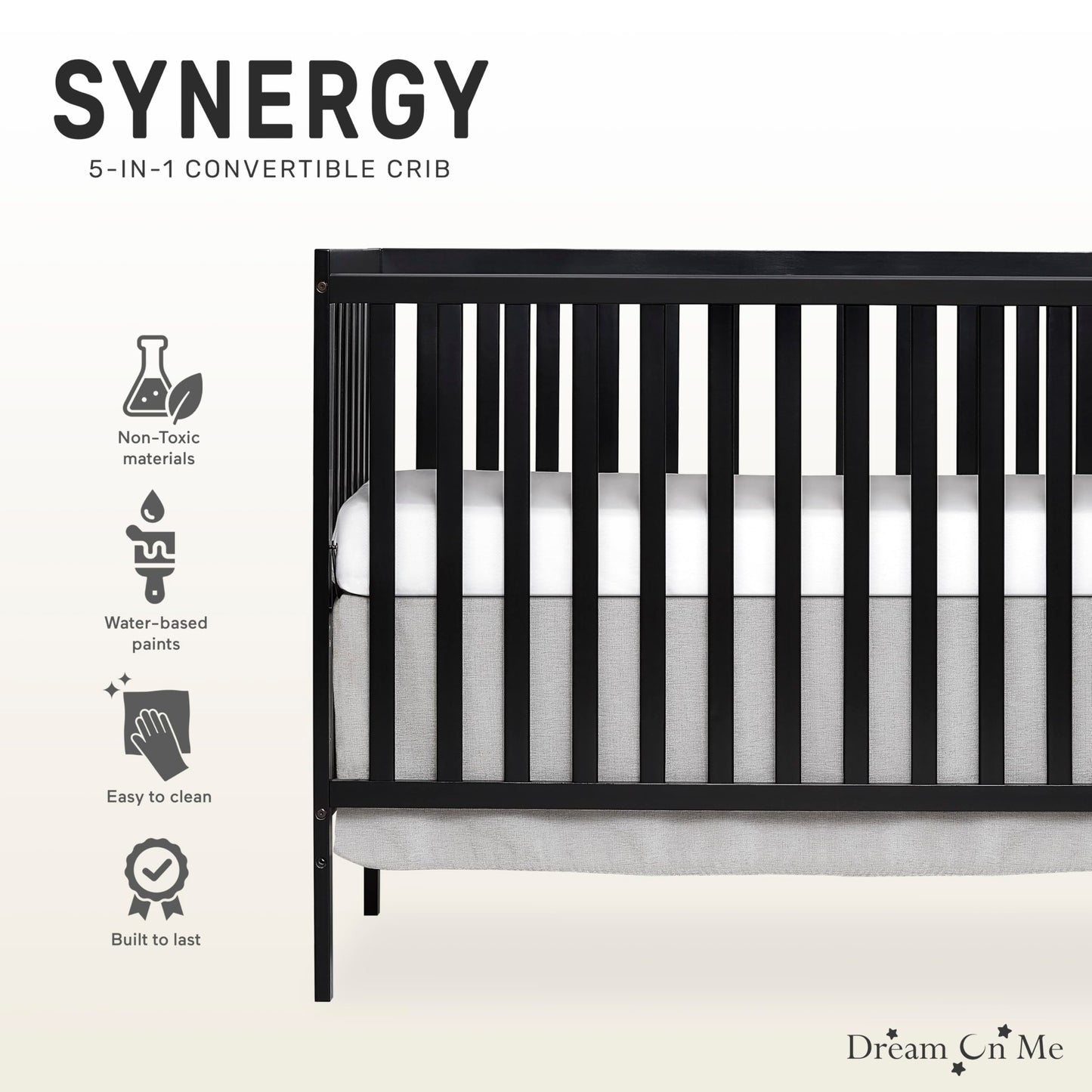 Dream On Me Synergy 5-In-1 Convertible Crib In Black, Greenguard Gold Certified